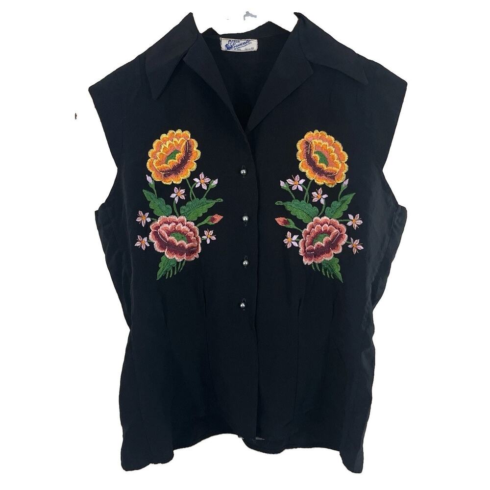 Casa Saucedo Vintage 40s 50s Mexican Embroidered Floral Blouse Womens 32 M Black